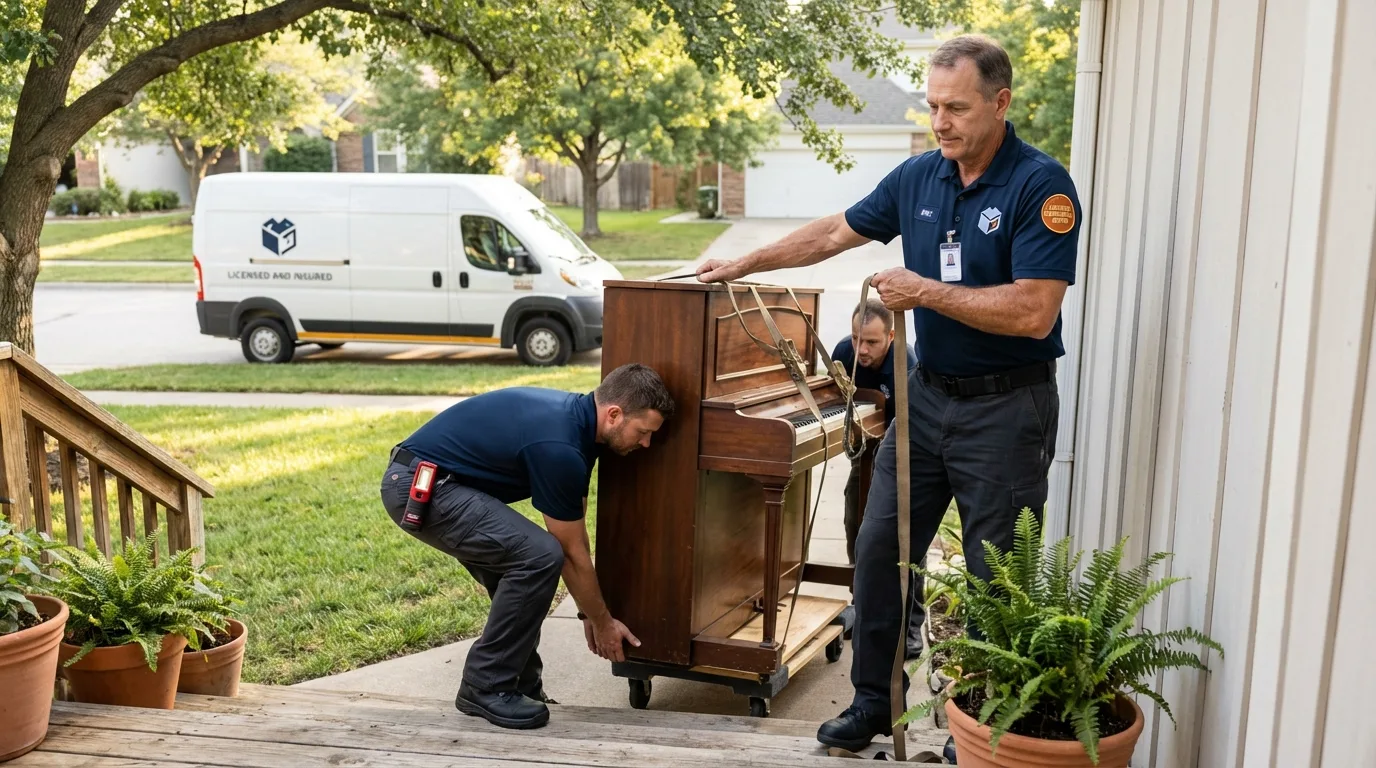 Licensed piano movers securing grand piano in Lula, GA