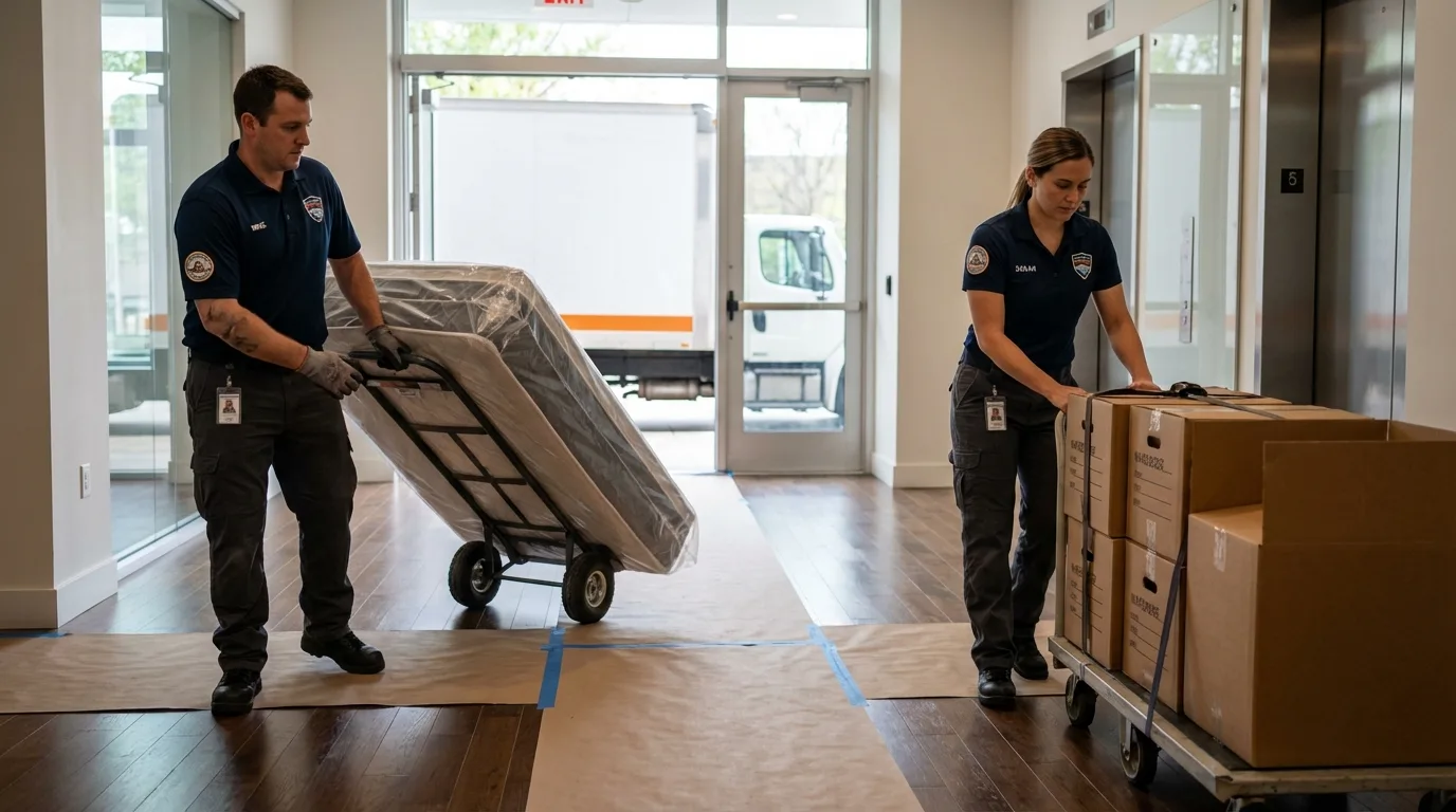 Professional apartment movers loading elevator in Lula, GA